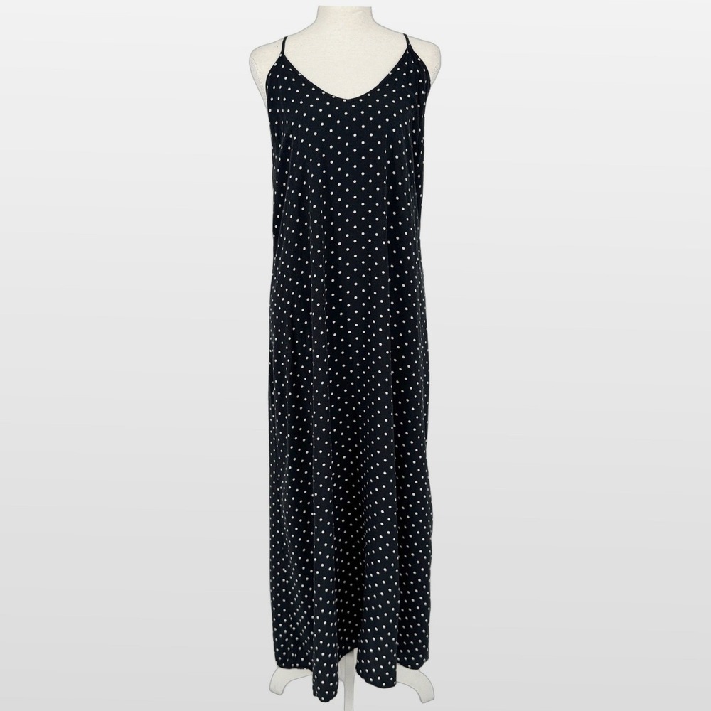Polka Dot Strappy Maxi Dress Sz L Black White Stretchy Cami 90s Minimalist Flowy